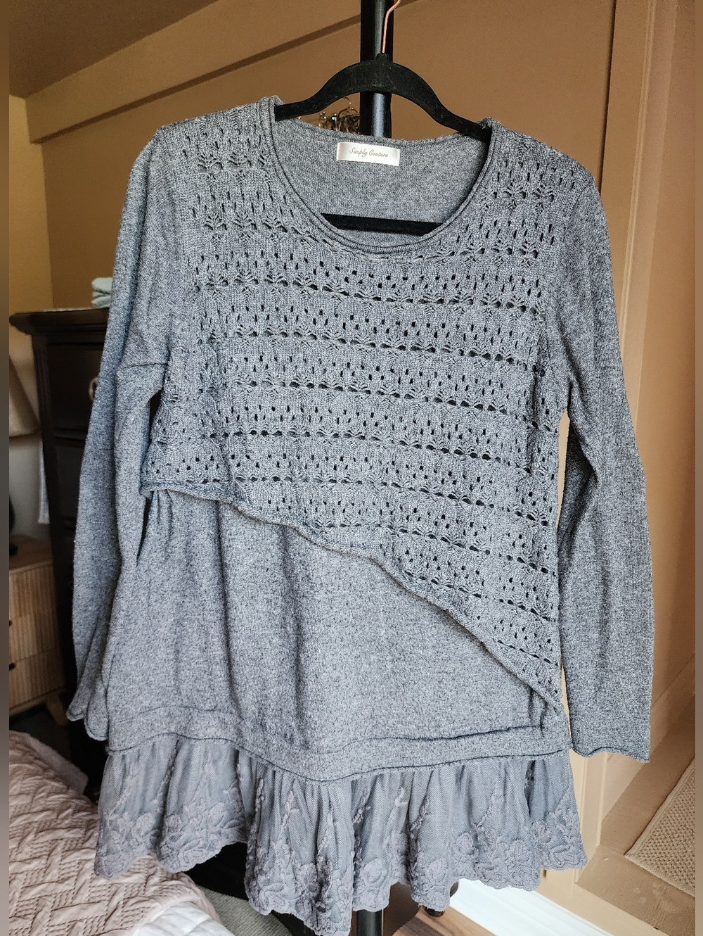 Simply Couture Large  Media Gray Tunic Sweater Dress Crochet Lace Asymmetric G34